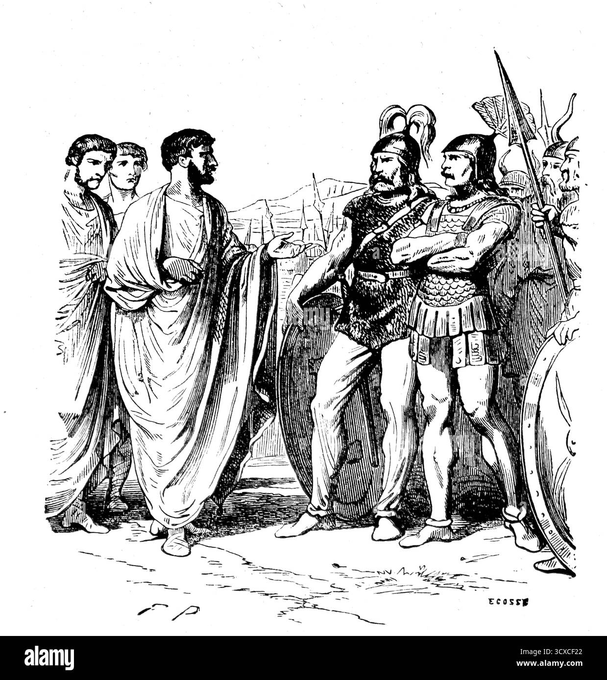 Mediazione politica tra il conflitto tra i Galli senonici e gli Etruschi di CLusium. Ambasciata romana dei 3 Fabi davanti al capo gallico Brenno (390 a.C. circa), il cui conflitto scatenò il saccheggio di Roma. Incisione, XIX secolo. Foto Stock