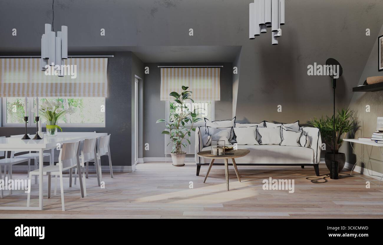 Un moderno soggiorno e sala da pranzo open-space con pareti grigie, pavimenti in legno e mobili contemporanei. Foto Stock