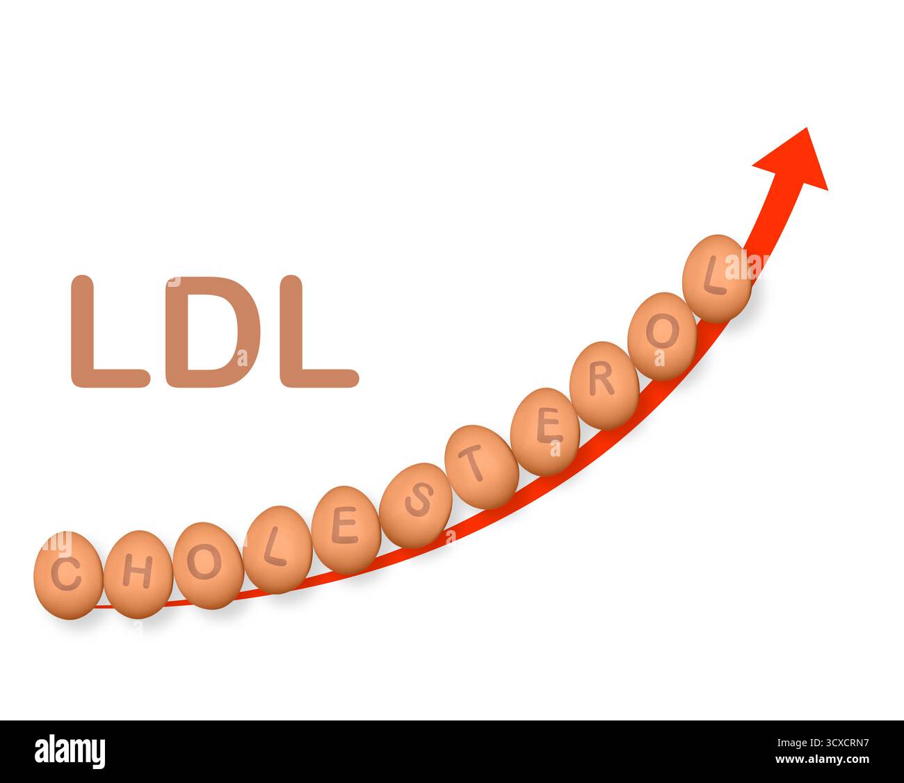 Uova di pollo su sfondo bianco con la parola COLESTEROLO LDL. Le uova sono uno degli alimenti più nutrienti e versatili al mondo. Foto Stock