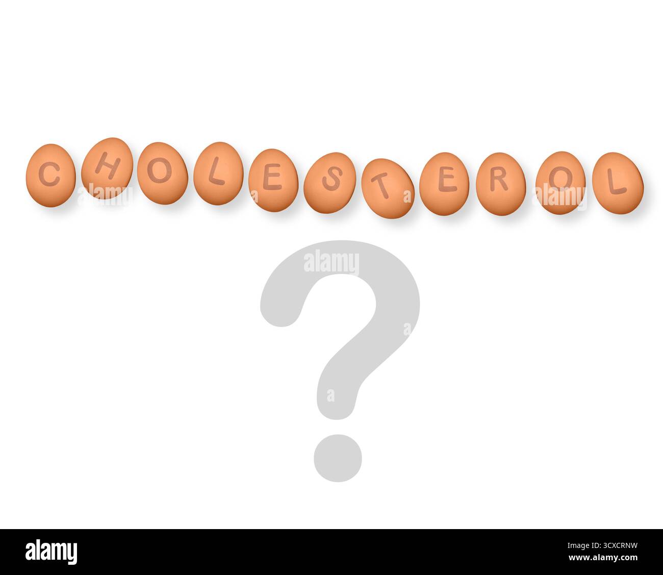 Uova di pollo su sfondo bianco con parola COLESTEROLO. Le uova sono uno degli alimenti più nutrienti e versatili al mondo. Foto Stock