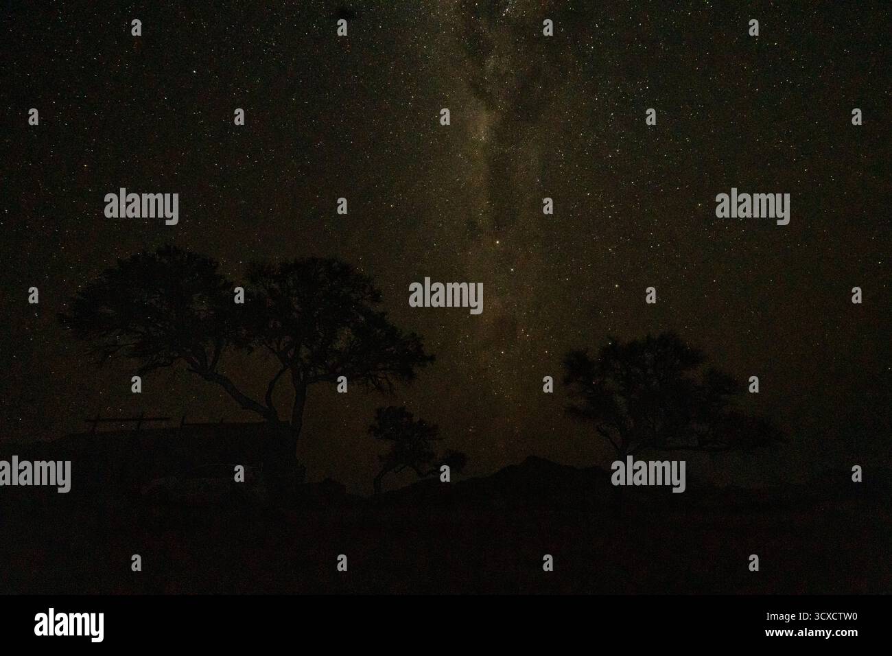 Cielo stellato notturno con la via Lattea visibile sopra il deserto della Namibia. Una vista mozzafiato della galassia nei cieli del sud. Foto Stock