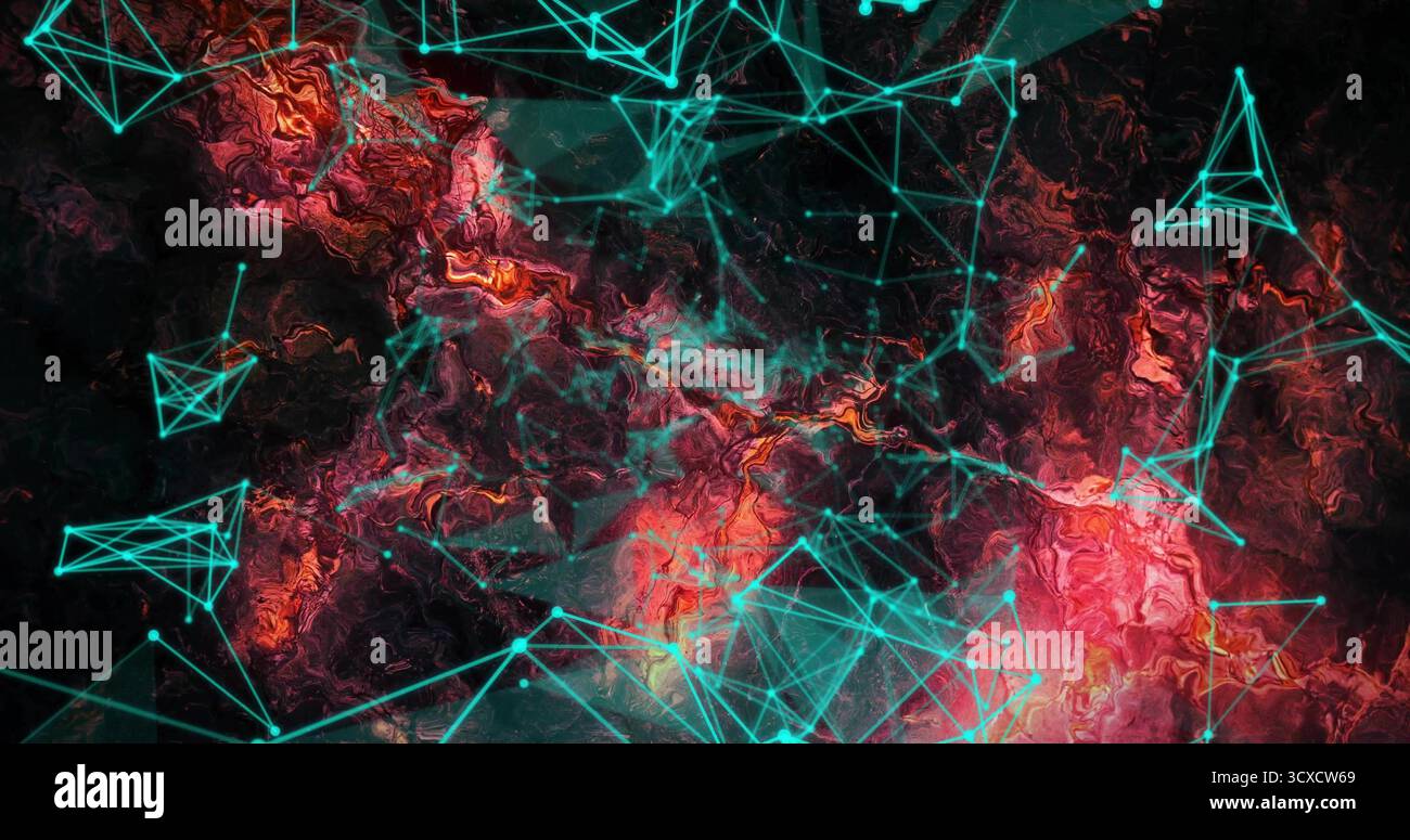 Si estende su una rete turchese di linee e nodi sullo spazio digitale cosmico, mostrando nuvole rosso-arancione Foto Stock