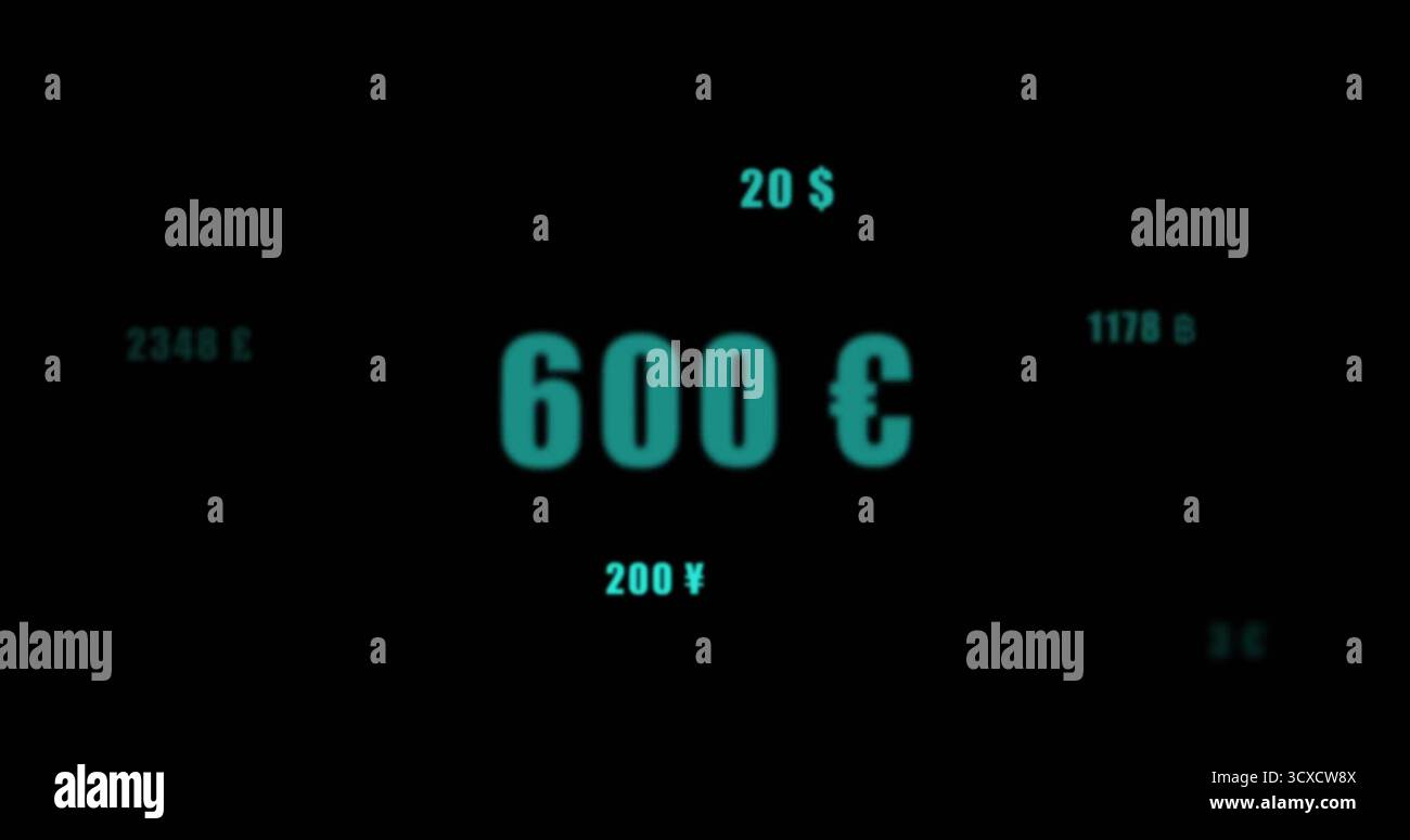 Grande quantità di tè al neon fluttuante 600 euro nell'interfaccia digitale, con altri simboli di valuta Foto Stock