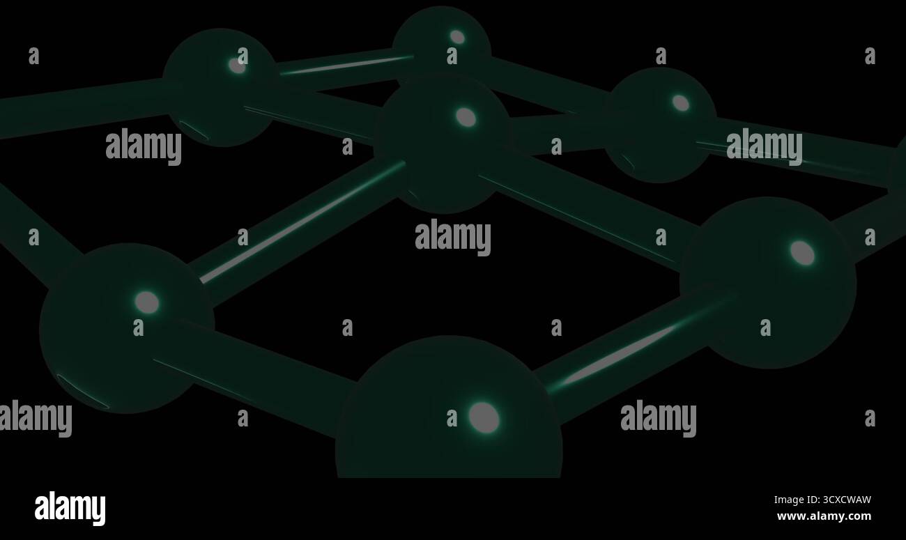 Visualizzazione della rete 3D di nodi sferici lucidi collegati da aste in vuoto nero, rendering digitale Foto Stock
