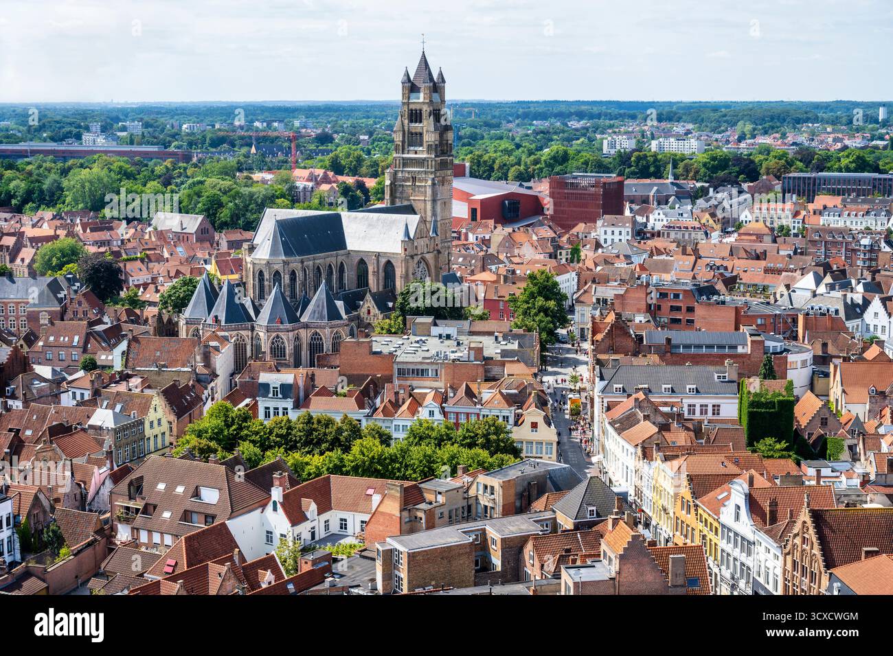 Cattedrale di San Salvatore e tetti di tegole rosse dal Belfort nel centro storico di Bruges nelle Fiandre occidentali, Belgio, Europa Foto Stock