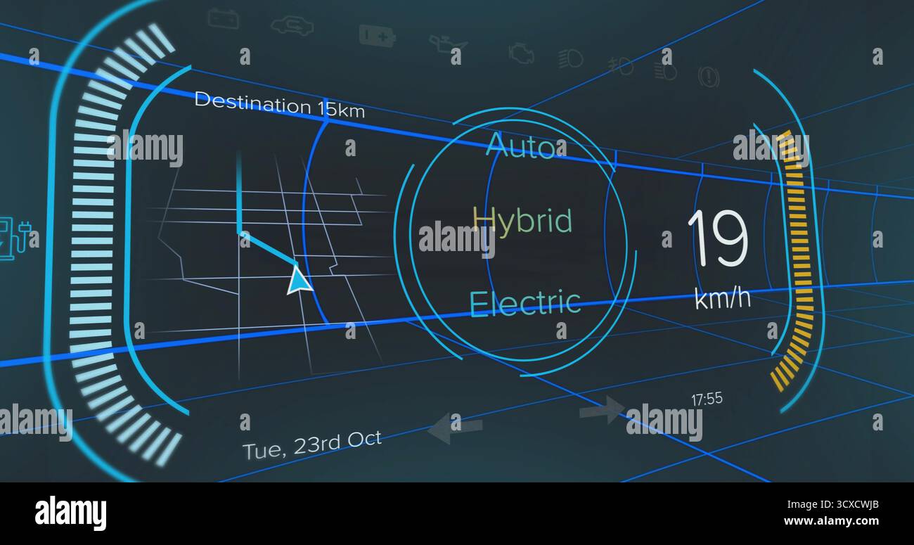 Visualizzazione dell'HUD che mostra la mappa di navigazione con distanza, modalità di guida, tachimetro, tempo sul parabrezza Foto Stock