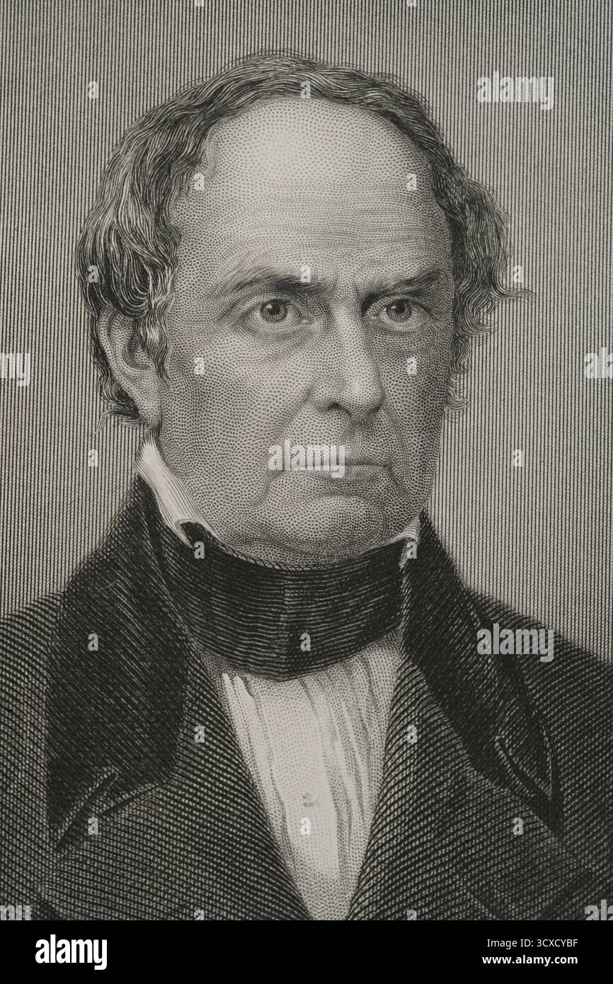 Daniel Webster (1782-1852). Avvocato e statista americano che rappresentava il New Hampshire e il Massachusetts al Congresso degli Stati Uniti. 14° e 19° Segretario di Stato degli Stati Uniti (1841-1843, 1850-1852). Era membro del Partito Federalista, del Partito Repubblicano Nazionale e del Partito Whig. Webster faceva parte del cosiddetto grande Triumvirato, insieme a Henry Clay e John C. Calhoun. Verticale. Incisione di T.W. Knight (fl. 1840-1860) dopo un daguerrotipo di Mathew Brady (1822-1896). Dettagli. Storia degli Stati Uniti, di J. A. Spencer. Volume III. Edizione pubblicata a Barcellona, 1873. Foto Stock