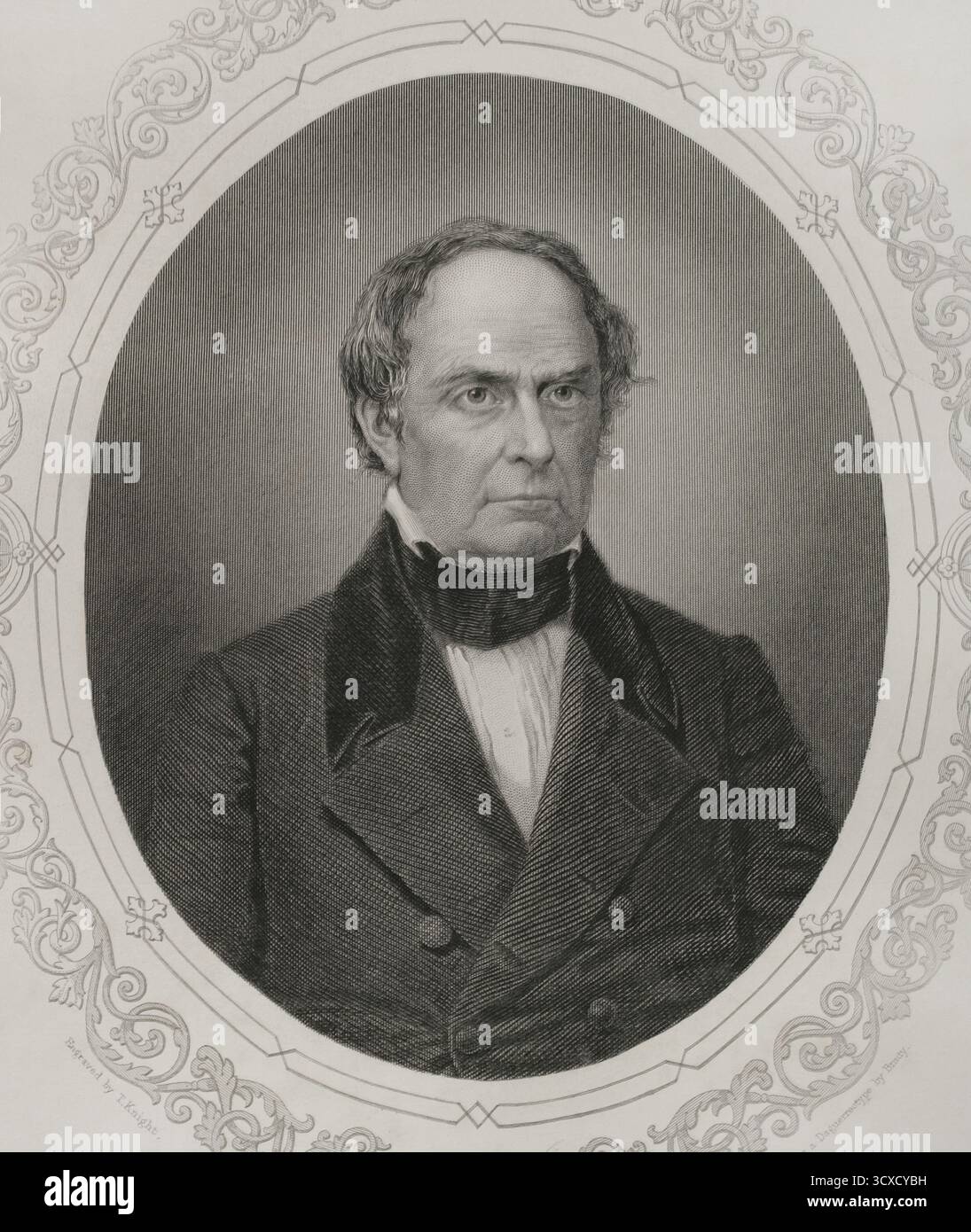 Daniel Webster (1782-1852). Avvocato e statista americano che rappresentava il New Hampshire e il Massachusetts al Congresso degli Stati Uniti. 14° e 19° Segretario di Stato degli Stati Uniti (1841-1843, 1850-1852). Era membro del Partito Federalista, del Partito Repubblicano Nazionale e del Partito Whig. Webster faceva parte del cosiddetto grande Triumvirato, insieme a Henry Clay e John C. Calhoun. Verticale. Incisione di T.W. Knight (fl. 1840-1860) dopo un daguerrotipo di Mathew Brady (1822-1896). Storia degli Stati Uniti, di J. A. Spencer. Volume III. Edizione pubblicata a Barcellona, 1873. Foto Stock