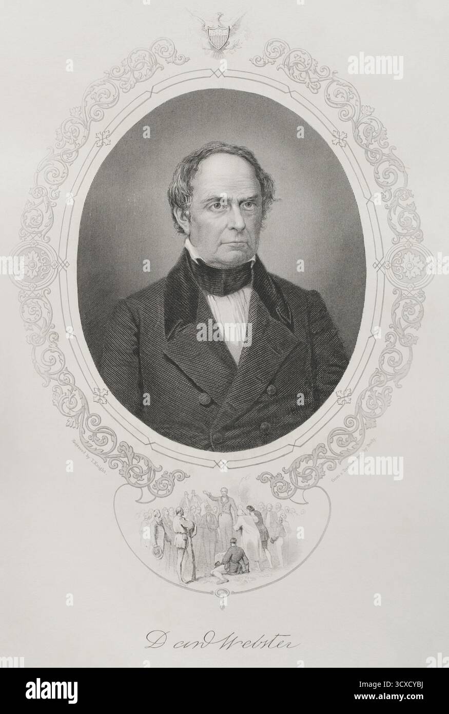 Daniel Webster (1782-1852). Avvocato e statista americano che rappresentava il New Hampshire e il Massachusetts al Congresso degli Stati Uniti. 14° e 19° Segretario di Stato degli Stati Uniti (1841-1843, 1850-1852). Era membro del Partito Federalista, del Partito Repubblicano Nazionale e del Partito Whig. Webster faceva parte del cosiddetto grande Triumvirato, insieme a Henry Clay e John C. Calhoun. Verticale. Incisione di T.W. Knight (fl. 1840-1860) dopo un daguerrotipo di Mathew Brady (1822-1896). Storia degli Stati Uniti, di J. A. Spencer. Volume III. Edizione pubblicata a Barcellona, 1873. Foto Stock