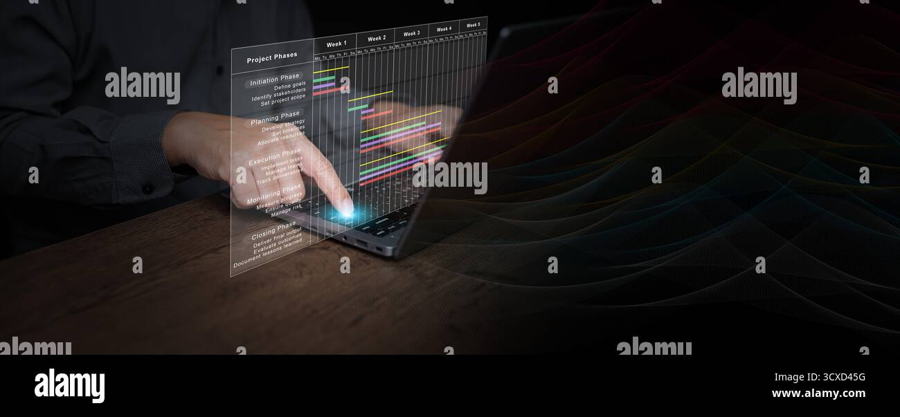 Concetto di gestione digitale dei progetti che mostra il grafico virtuale di Gantt sul laptop per l'automazione del flusso di lavoro, la pianificazione dei tempi e l'ottimizzazione della strategia aziendale Foto Stock