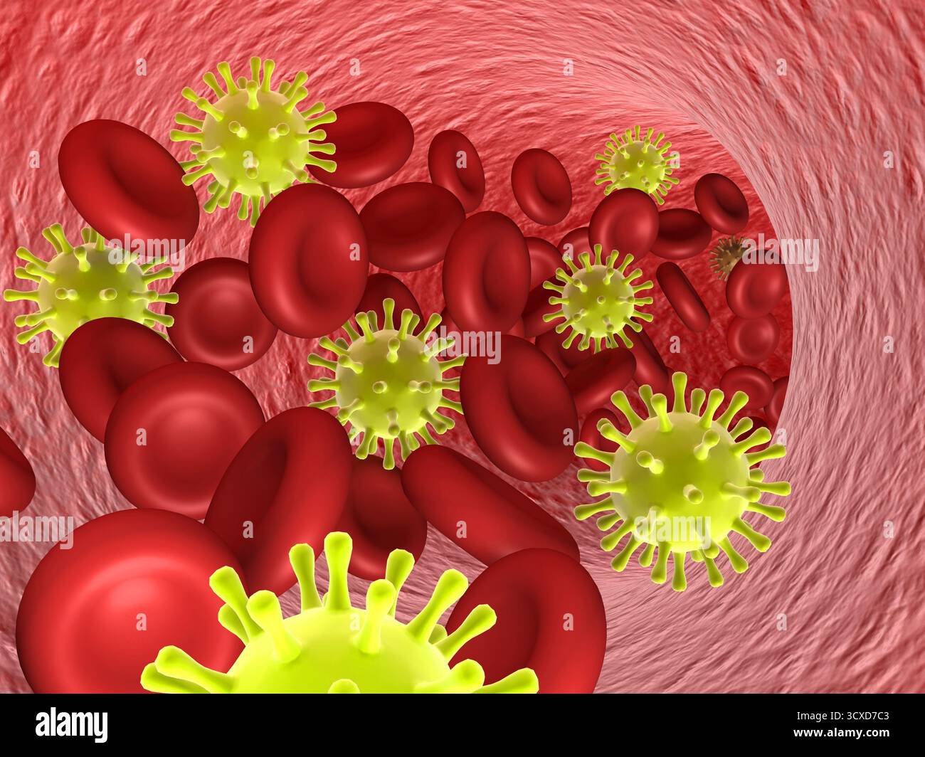 Virus nel flusso sanguigno. background medico. illustrazione 3d. Foto Stock