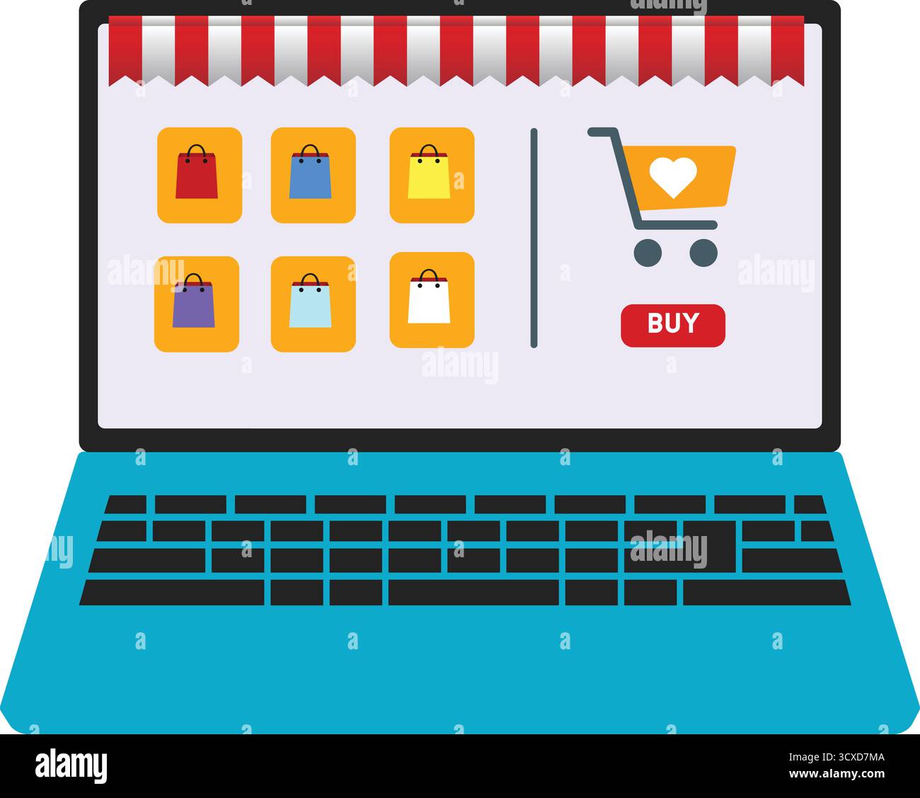 Il display del notebook mostra un'interfaccia per lo shopping online con una tenda rossa e bianca a righe. Sulla sinistra sono illustrate sei colorate borse della spesa, ciascuna nella Illustrazione Vettoriale