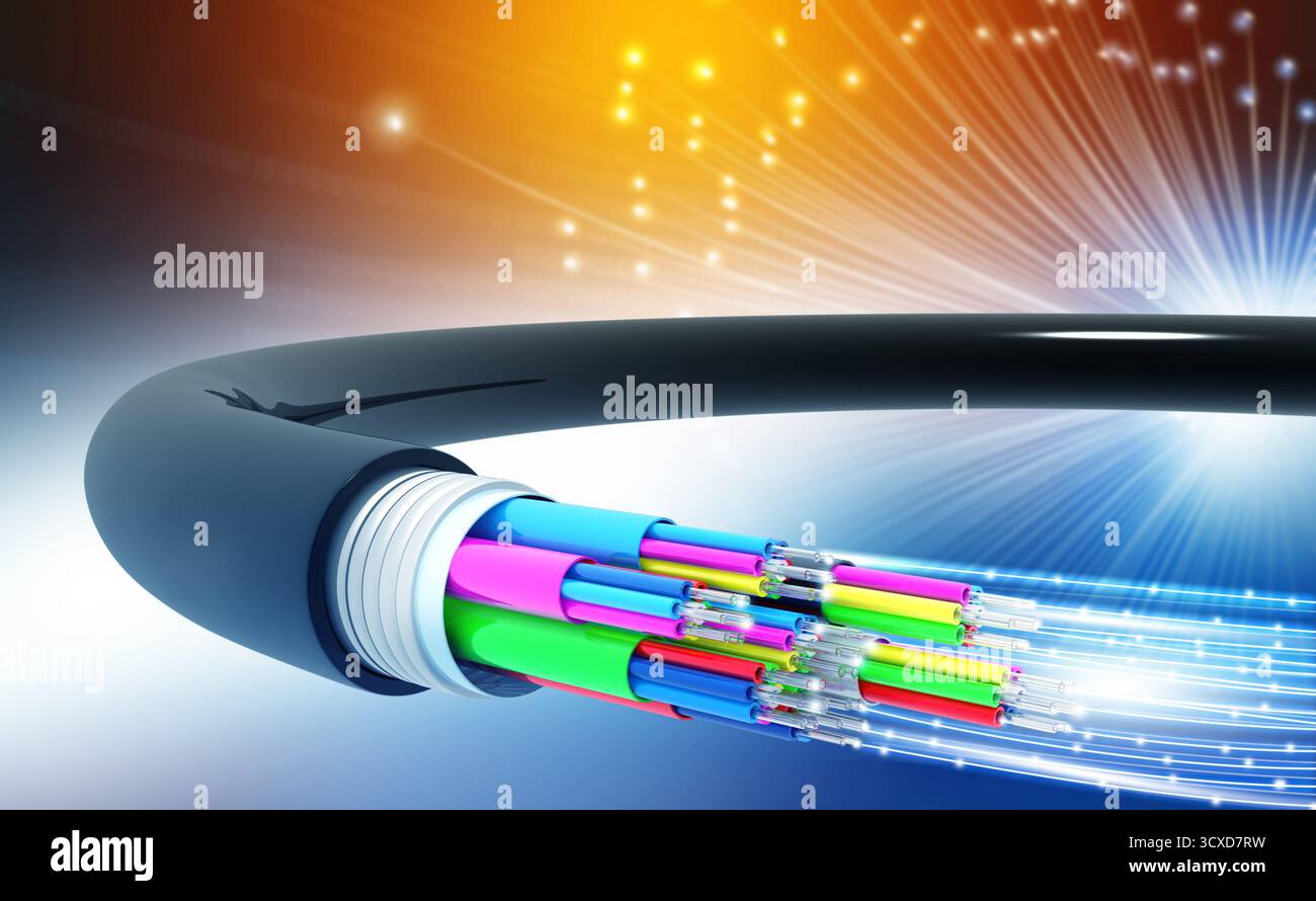 Cavo in fibra ottica su sfondo di tecnologia astratta. illustrazione 3d. Foto Stock