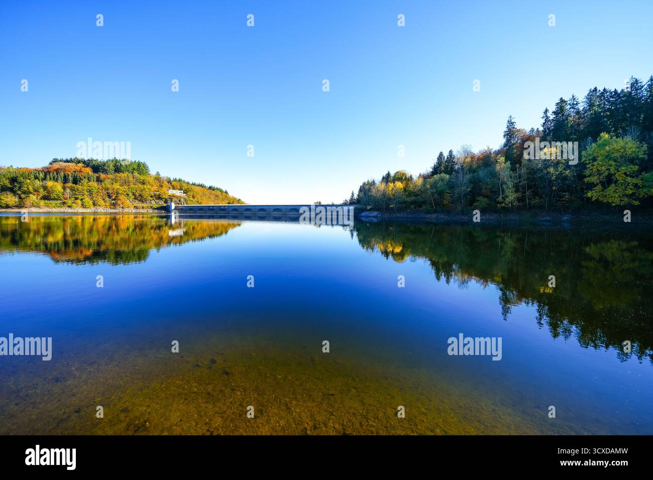 Vista della diga di Oleftalsperre e del paesaggio circostante. Natura al lago vicino al parco nazionale Eifel vicino a Hellenthal, nella Hohes Venn-Eifel N Foto Stock