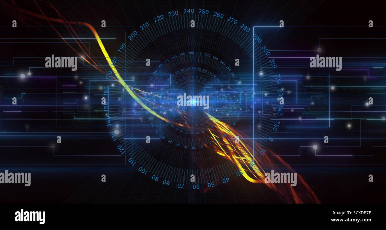 Hub radiante che proietta squilli numerici nello spazio digitale con striature energetiche Foto Stock