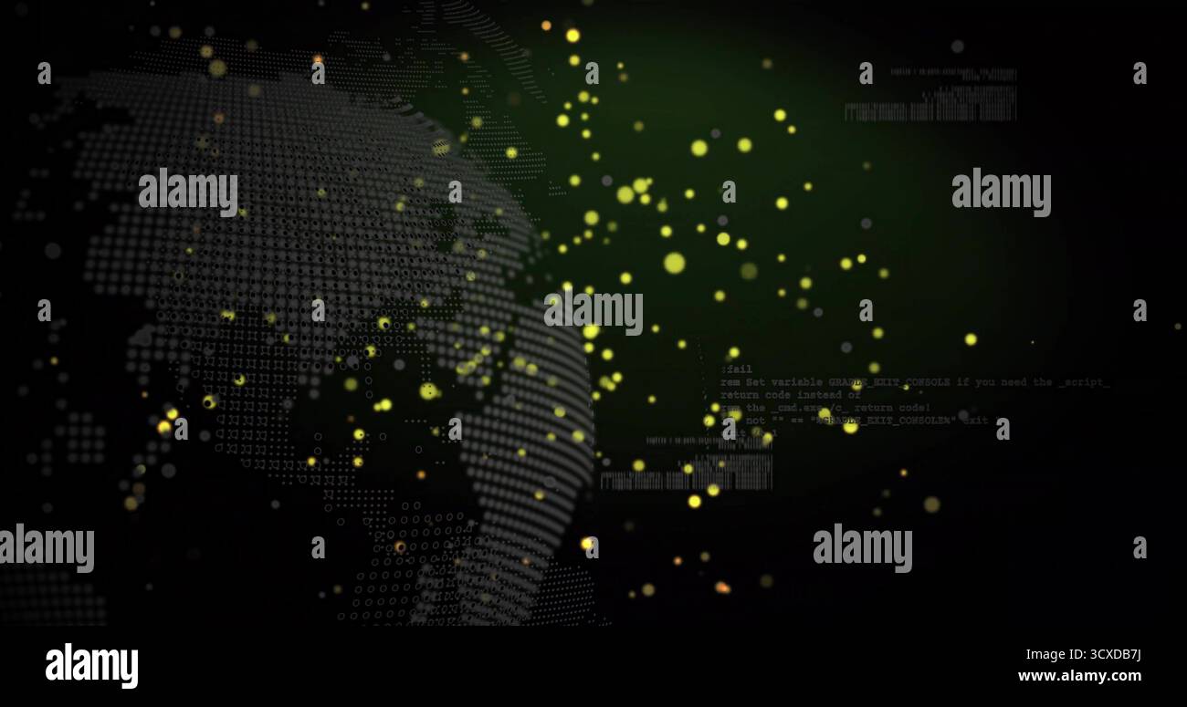 Globo digitale rotatorio punteggiato che mostra particelle gialle e frammenti di codice nello spazio dati, spazio di copia Foto Stock