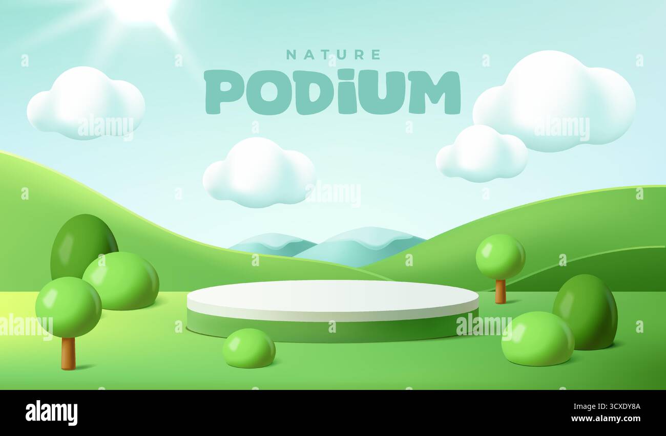 Simpatico banner per bambini con podio. Poster pubblicitario con paesaggio primaverile con campo verde, alberi, colline, nuvole nel cielo blu e palcoscenico per il prodotto Illustrazione Vettoriale