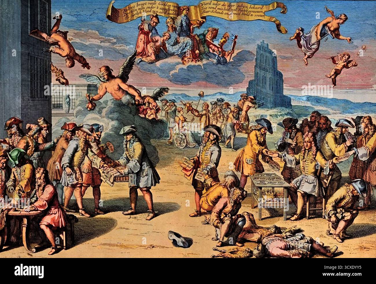 Costruzione della Torre di Babele da parte degli Azionisti deliranti - stampa satirica sul funzionamento del sistema della legge e il suo fallimento 1720 - fallimento (crisi finanziaria) causato dal sistema di John Law, economista scozzese, istituito tra il 1716 e il 1720 in rue Quincampoix a Parigi Foto Stock