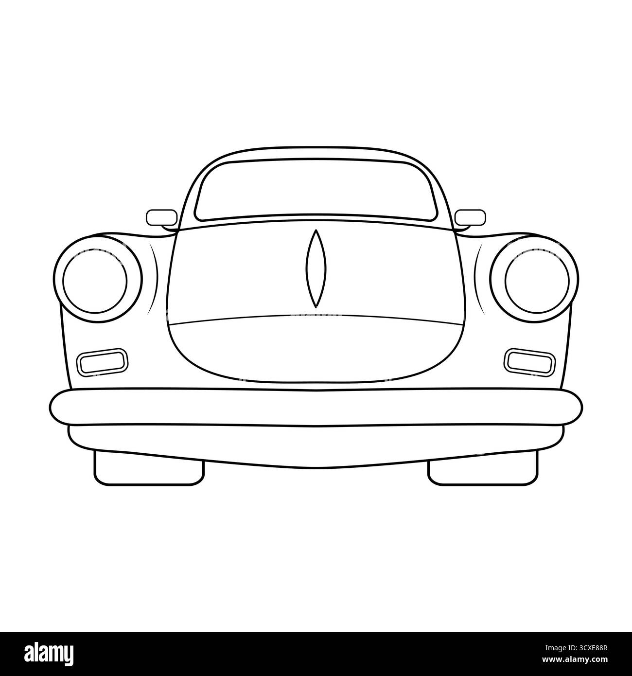 Illustrazione vettoriale della vista anteriore dell'automobile d'epoca. Perfetto per colorare pagine, progetti di design automobilistico, poster retrò o icone di auto d'epoca. Illustrazione Vettoriale