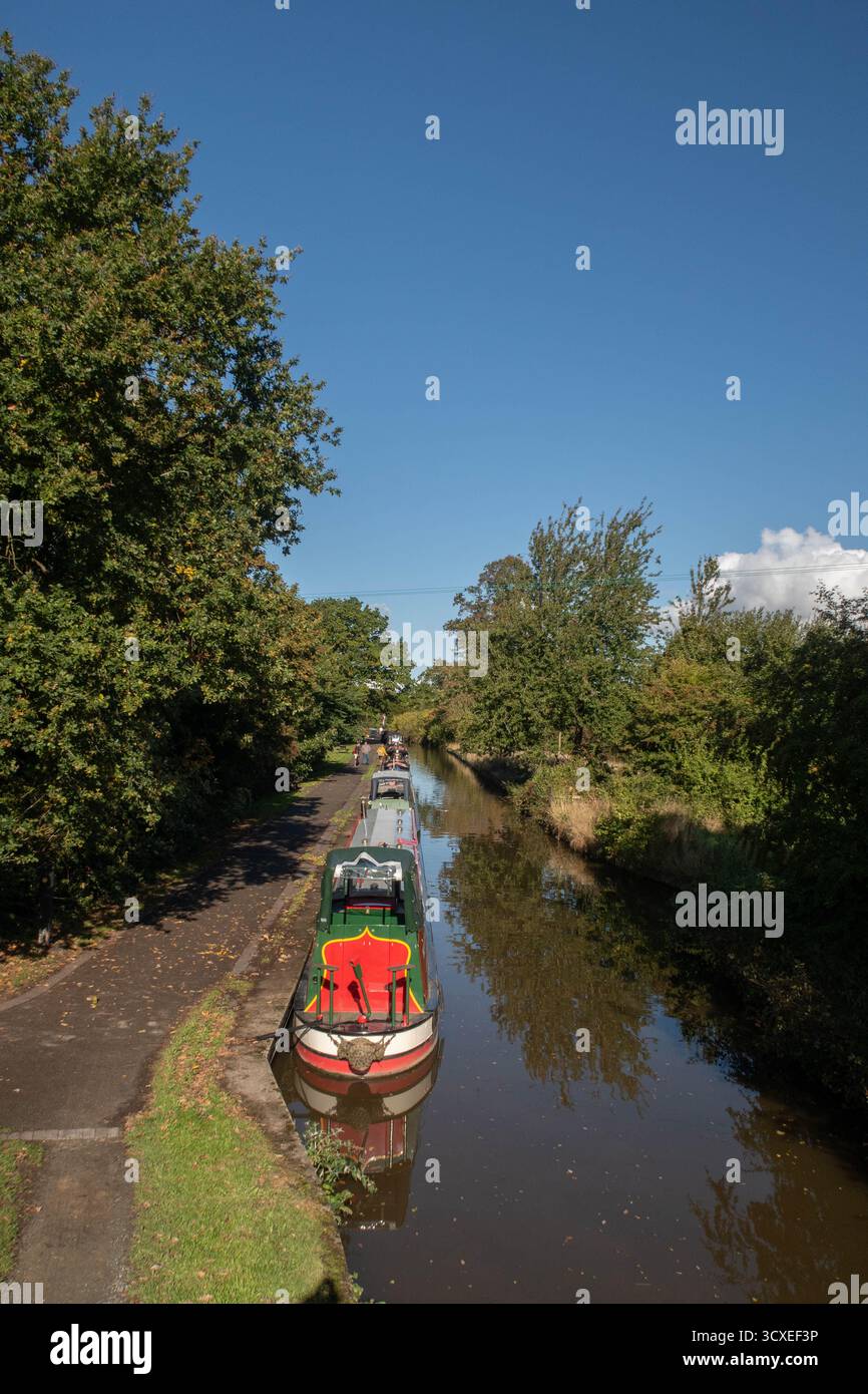 Le barche per narrowboats ormeggiate sul canale Shropshire Union, Llangollen Branch a Ellesmere (Shropshire, Inghilterra) Foto Stock
