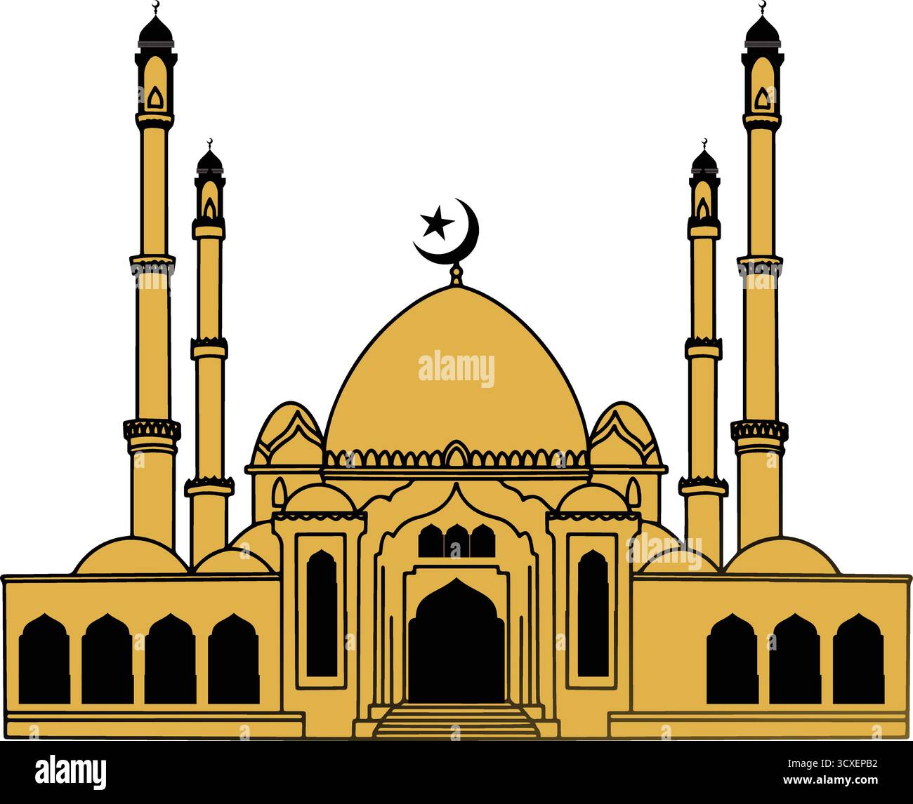 Elegante rappresentazione di una classica moschea islamica, caratterizzata da un'prominente cupola dorata, alti minareti e dettagli architettonici. Include la luna crescente Illustrazione Vettoriale