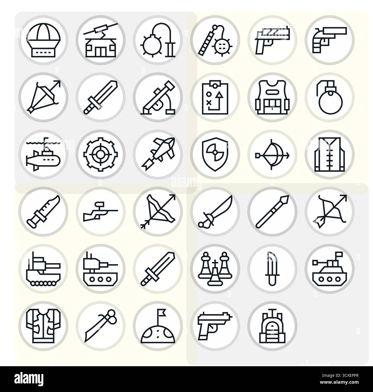 Un set versatile di 35 icone vettoriali di linea regolari incentrate sulla tattica, ideale per applicazioni mobili e Web. Illustrazione Vettoriale