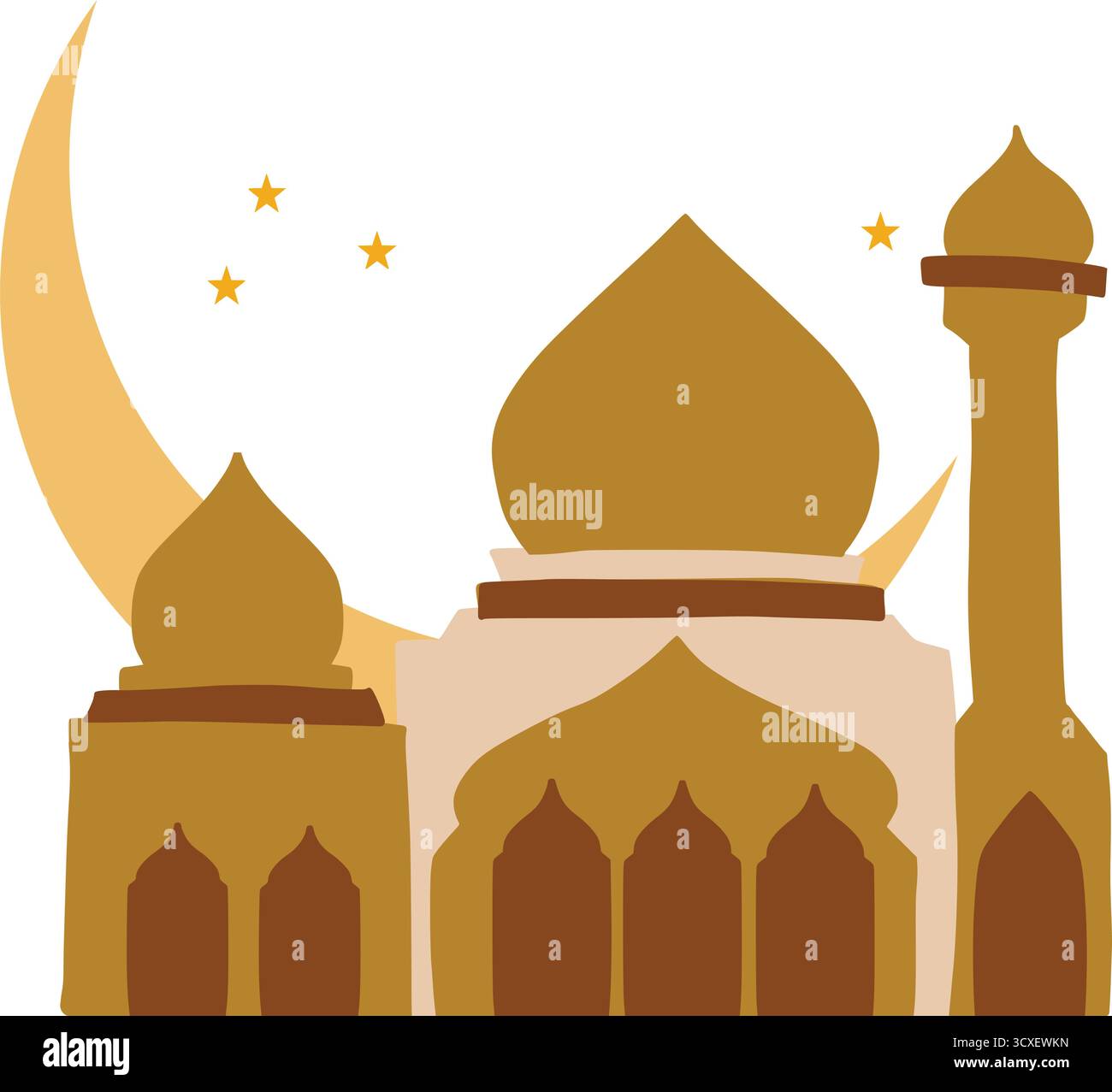 Celebra il Ramadan e Eid con questa splendida moschea e la luna crescente. Perfetto per creare messaggi di saluto, banner e design che conv Illustrazione Vettoriale