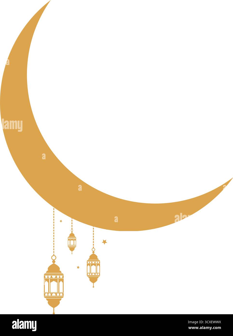 Una mezzaluna dorata adornata con tradizionali lanterne islamiche, che simboleggiano lo spirito del Ramadan e di Eid. Perfetto per decorazioni natalizie e cultuali Illustrazione Vettoriale