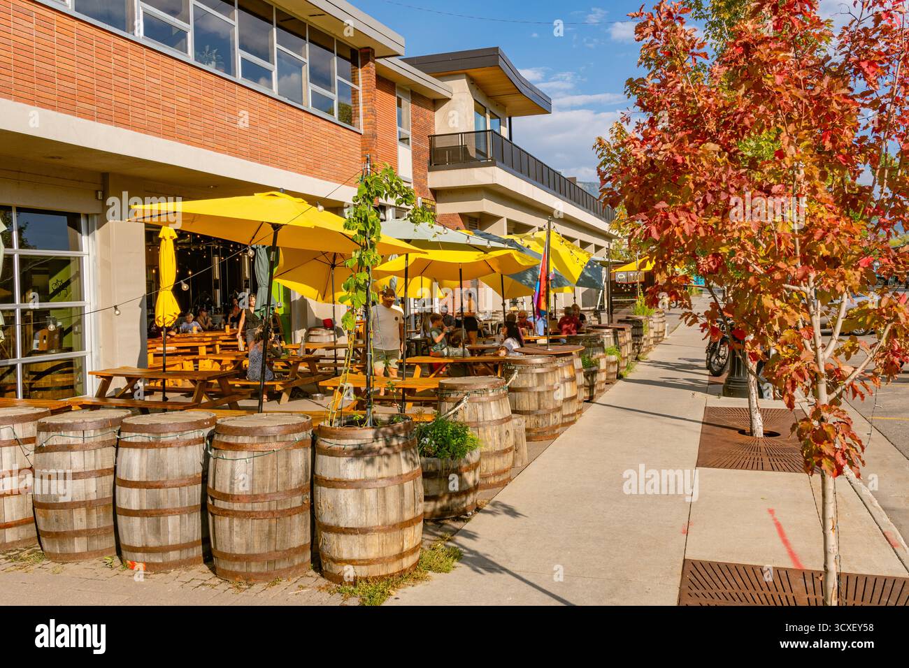 Steamboat Springs, Colorado, Stati Uniti - 2 settembre 2025: Cena all'aperto nella strada principale occidentale della città con montagne e piste da sci sullo sfondo in estate. Foto Stock