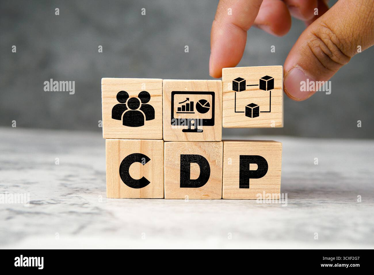 Cubi di legno che formano l'abbreviazione CDP con icone di persone, analisi e rete dati. Concetto di piattaforma dati cliente, tecnologia di marketing, Foto Stock