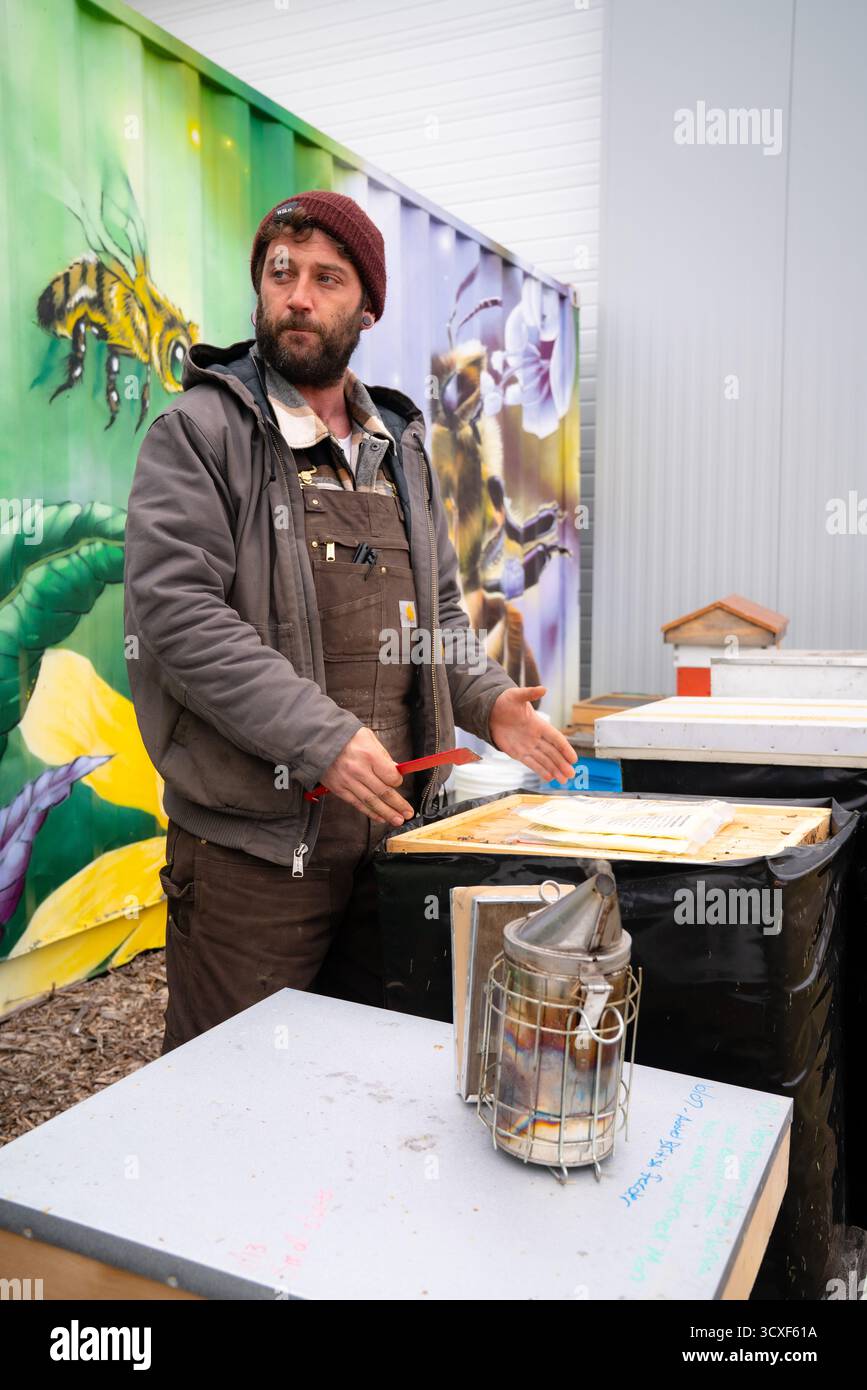 Un apicoltore si trova accanto agli alveari all'aperto presso la Dancing Bee Farm, preparandosi a ispezionare le cornici di miele con un fumatore e uno strumento alveare in mano Foto Stock