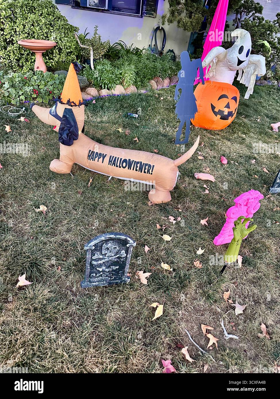 Happy Howl-o-Ween decorazione di cani gonfiabili nel cortile anteriore Foto Stock