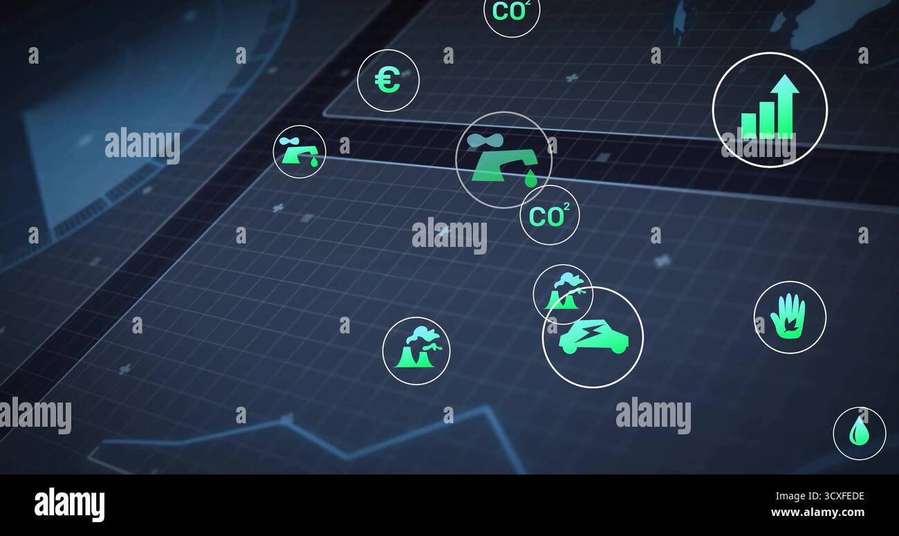 Visualizzazione dell'icona del grafico a barre di tendenza verso l'alto sulla griglia, con icone ecologiche e finanziarie verdi, spazio di copia Foto Stock