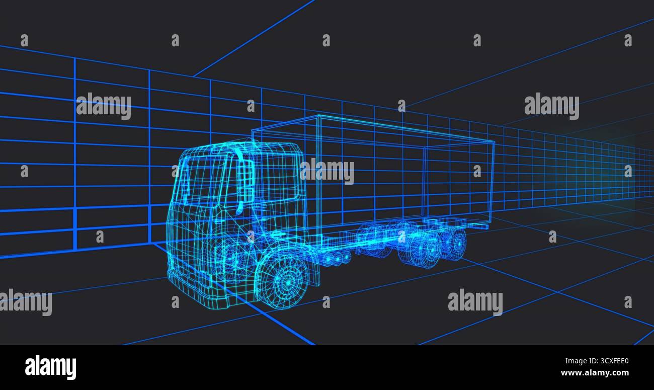 Visualizzazione del carrello a reticolo blu neon a sinistra nello spazio virtuale della griglia 3D, mostrando le linee della griglia Foto Stock
