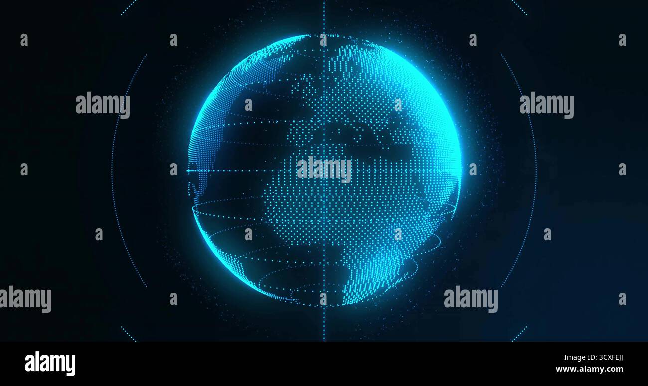 Globo olografico rotante che visualizza nuvola di punti, linee della griglia nello spazio dati, anelli di dati in orbita Foto Stock