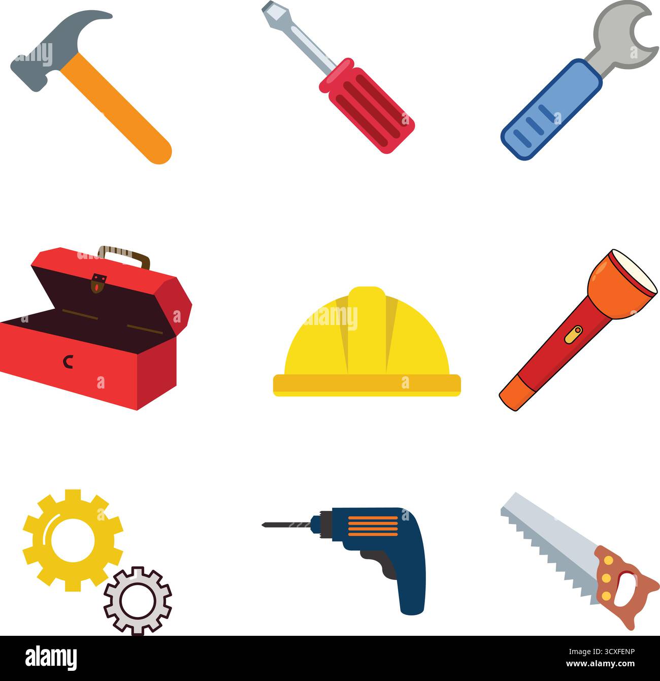 Set di strumenti di costruzione icone piatte isolate su sfondo bianco. Illustrazione vettoriale. Illustrazione Vettoriale