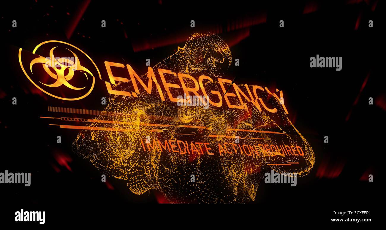 Visualizzazione dell'allarme olografico di emergenza arancione nell'interfaccia di controllo buia, con simbolo di rischio biologico Foto Stock