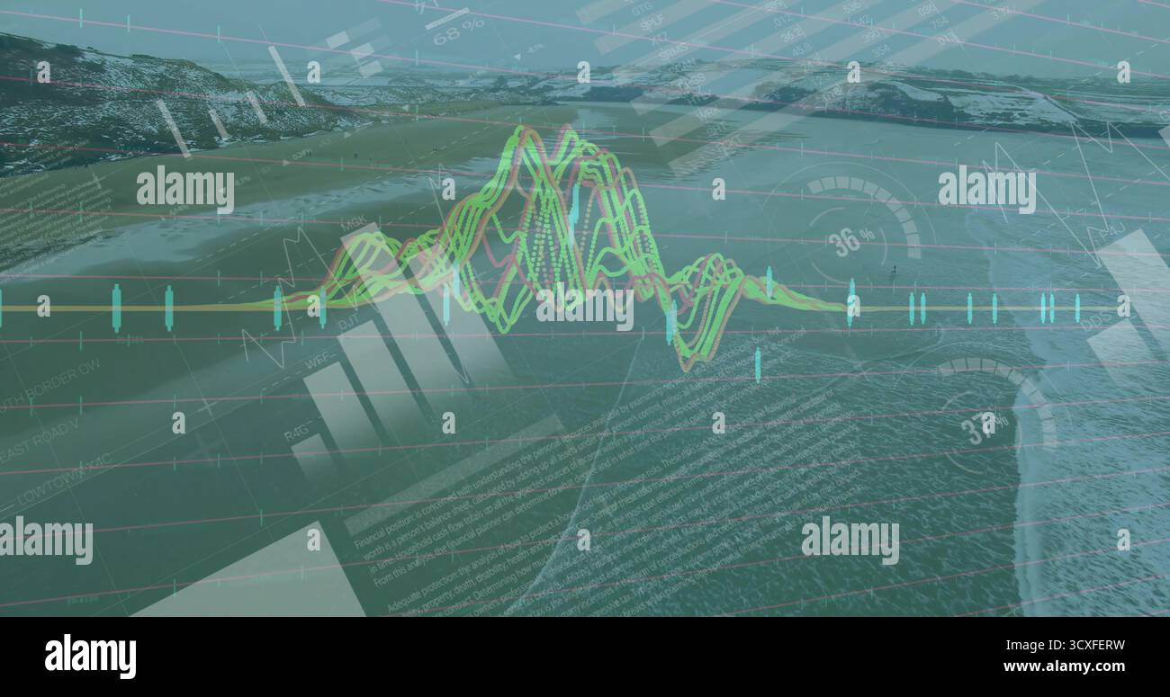 Visualizzazione del grafico delle forme d'onda semitrasparente sulla scena aerea costiera, con grafici a barre che misurano le linee della griglia Foto Stock