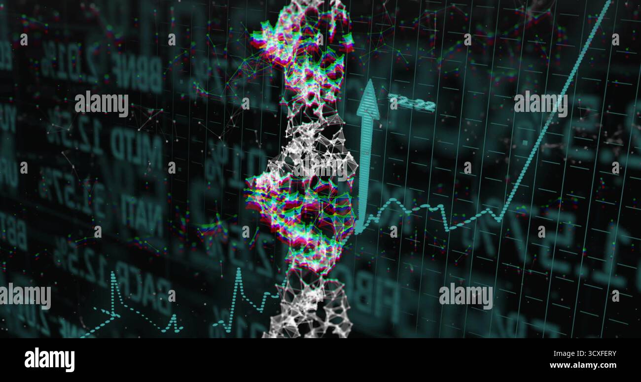 Glitch doppia elica galleggiante nel dashboard di trading, con freccia su, candeliere e dati grafici a linee Foto Stock