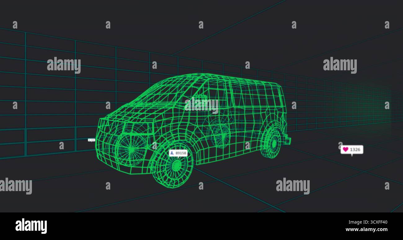 Visualizzazione del furgone wireframe in rotazione in GRID Studio che mostra le etichette numeriche sulle ruote e l'icona del cuore Foto Stock