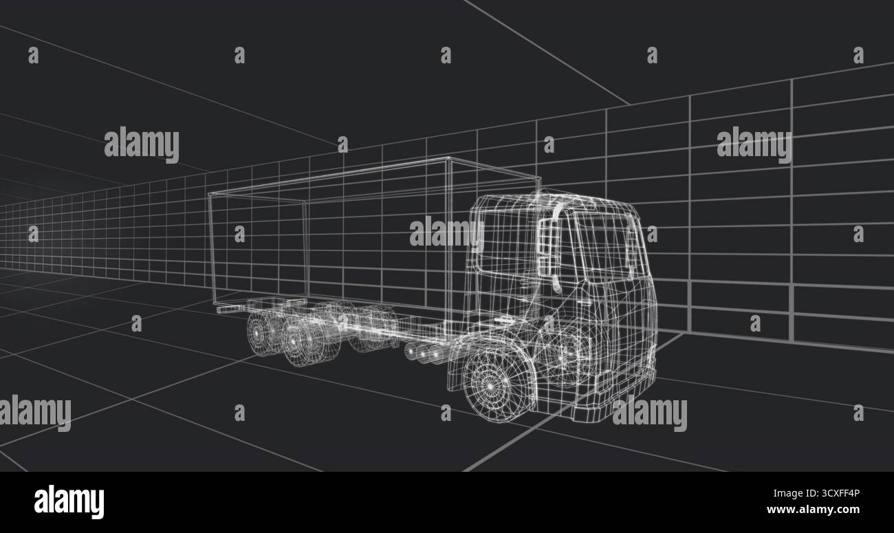 Modello di camion cargo con struttura a reticolo galleggiante che occupa uno spazio di lavoro 3D, con pavimento a griglia, pareti e soffitto Foto Stock