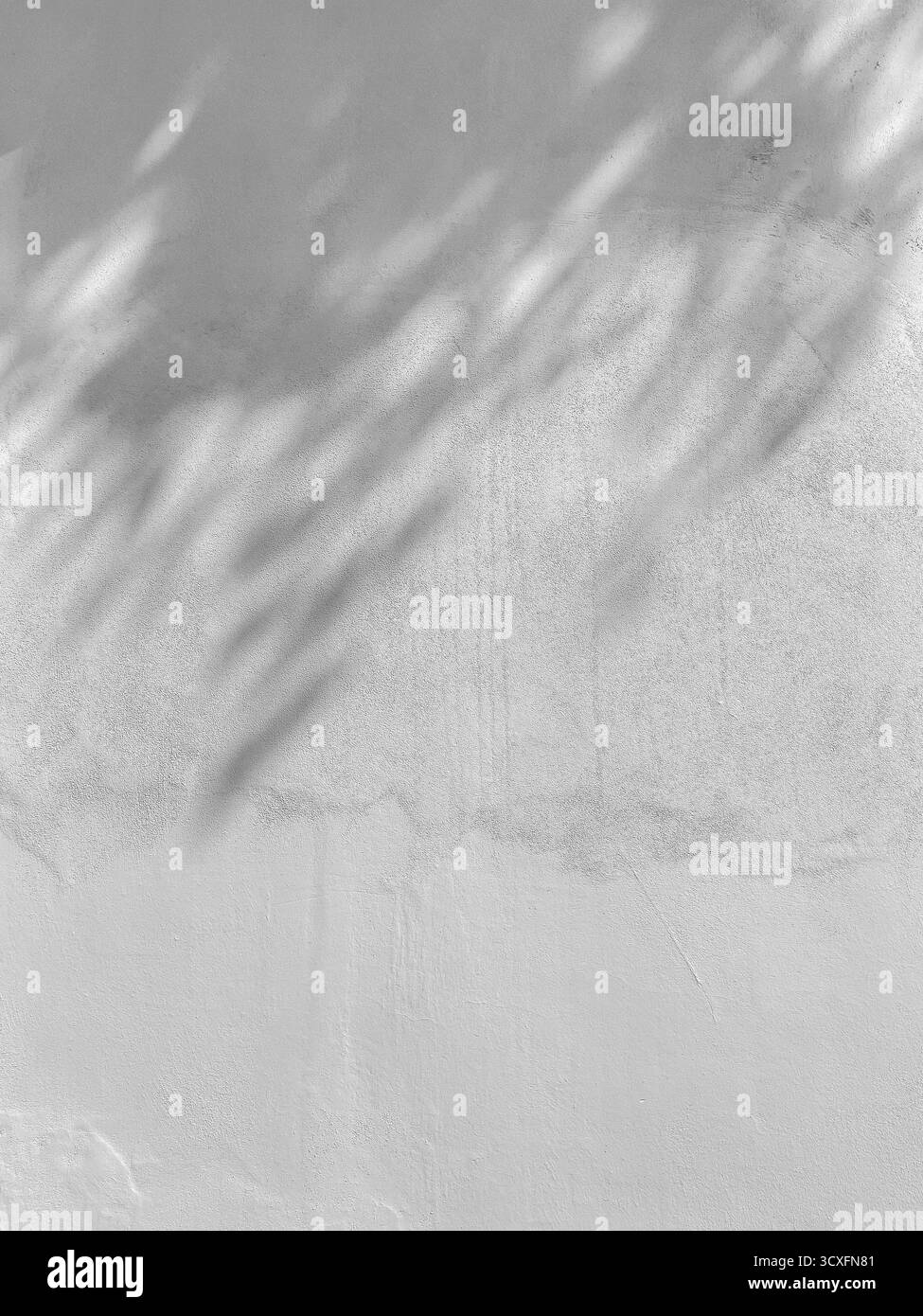 Ombre delle lamelle che creano un motivo astratto su una parete in cemento monocromatico Foto Stock