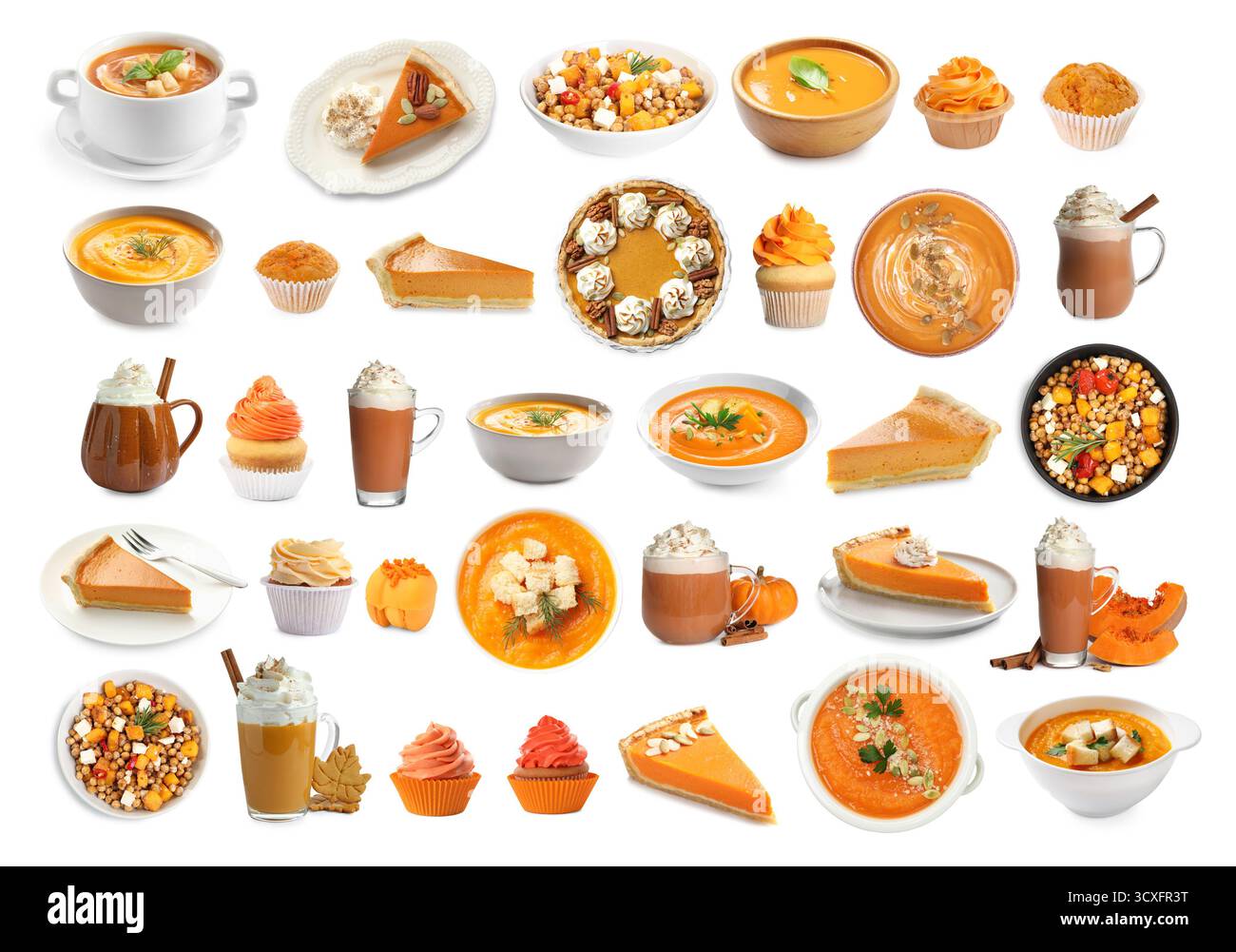 Zucca come ingrediente principale di diversi piatti, dessert e bevande. Raccolta su sfondo bianco Foto Stock