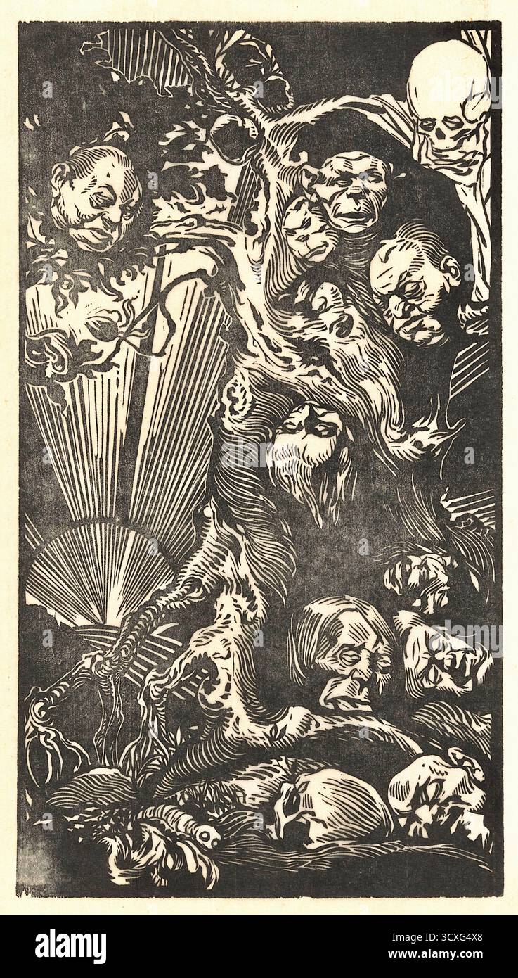 Johannes Josephus Aarts (1871-1934) - albero con teste fantastiche - la stampa è un pezzo surrealistico e visionario che raffigura un albero da cui emerge una collezione di volti umani e creature fantasiose. Alcune teste hanno gli occhi aperti, mentre altre no. Nell'angolo in alto a destra è visibile un cranio, che simboleggia la morte. L'opera è un riflesso del lavoro visionario di Aarts e del suo focus su temi apocalittici, che ha prodotto principalmente tra il 1920 e il 1930 Foto Stock