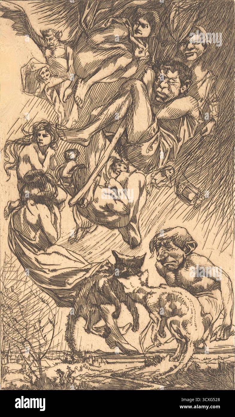 Johannes Josephus Aarts (olandese, 1871-1934) - Floating People, Fantasy Creatures, and Cats - 1920-1930 - A Dream - l'opera raffigura una scena complessa e fantastica con più figure, sia umane che animali, in una composizione surreale. La parte superiore dell'immagine mostra diverse figure sospese o sospese, con una creatura alata in alto a sinistra e altre forme simili a quelle umane. Nella metà inferiore dell'incisione, due gatti sono mostrati bloccati in quella che sembra essere una lotta, mentre una figura seduta con un'espressione inquieta guarda sopra. Foto Stock