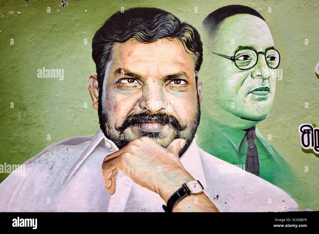 Murale a Mahabalipuram, Tamil Nadu, raffigurante THOL. Thirumavalavan e il dottor B.R. Ambedkar promuovono i diritti dei Dalit e la sollevazione sociale. Foto Stock