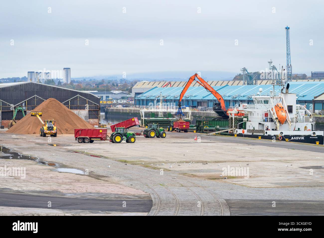 Un carico di sale stradale scaricato dalla nave Aasvik presso King George V Dock, Glasgow, Scozia, Regno Unito Foto Stock