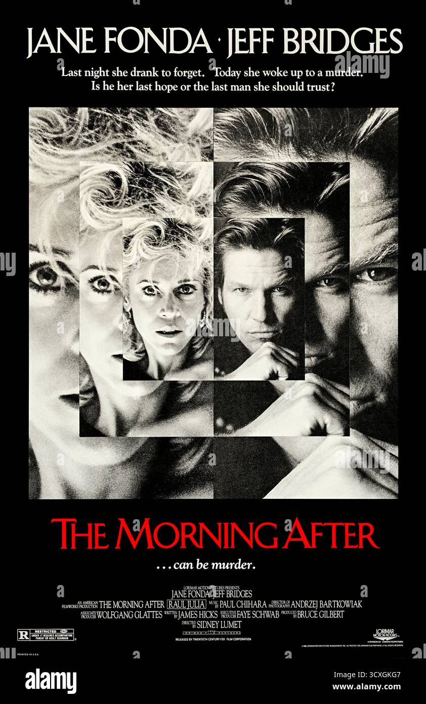 The Morning After (1986) diretto da Sidney Lumet e interpretato da Jane fonda, Jeff Bridges e Raul Julia. Un'attrice alcolizzata si sveglia accanto a un uomo morto e lotta per dimostrare la sua innocenza. Fotografia di un poster originale del 1986 USA a un foglio SOLO PER USO EDITORIALE. Crediti: BFA / 20th Century Fox Foto Stock