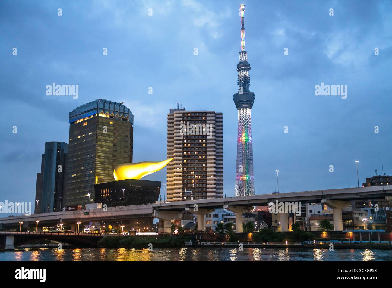 Quartiere di Sumida: Tokyo Skytree e Asahi Beer Hall; in serata. Giappone Foto Stock