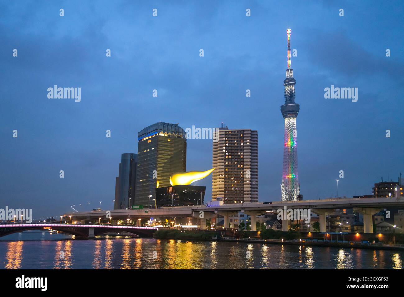 Quartiere di Sumida: Tokyo Skytree e Asahi Beer Hall; in serata. Giappone Foto Stock